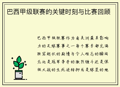 巴西甲级联赛的关键时刻与比赛回顾
