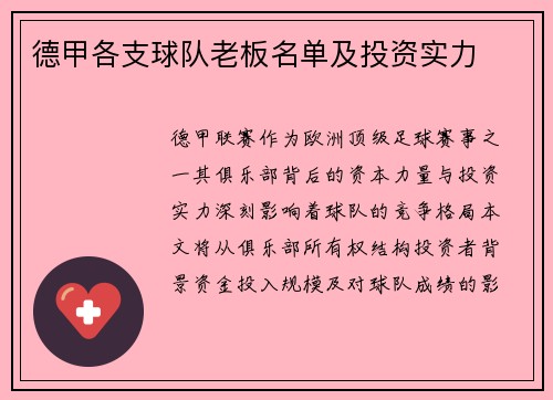 德甲各支球队老板名单及投资实力