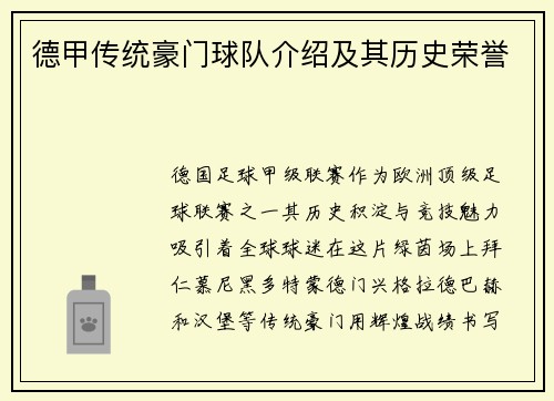 德甲传统豪门球队介绍及其历史荣誉